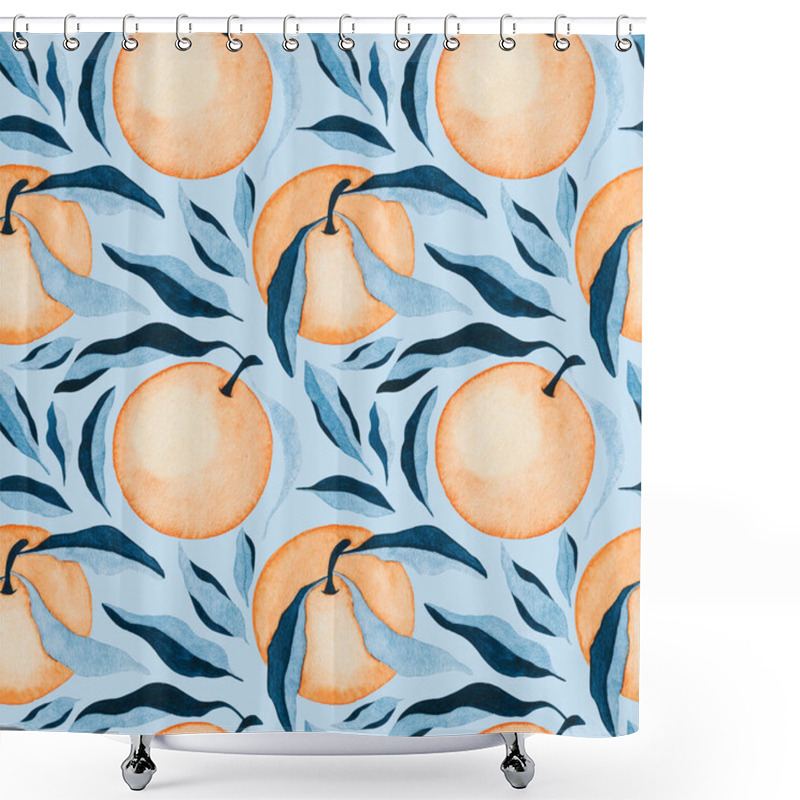 Personality  Watercolor Citrus Summer Seamless Pattern. Hand Drawn Oranges With Blue Leaves . Citrus Fruit Fabric Print, Scrapbook Paper, Planner Cover Background. Shower Curtains