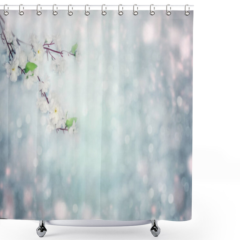 Personality  Spring Background Of Flowering White Cherry Flowers Tree And Lea Shower Curtains