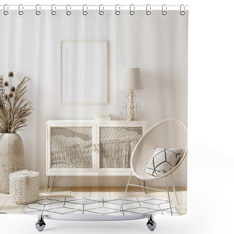 Personality  Mock Up Frame In Home Interior Background, White Room With Natural Wooden Furniture, Scandi-Boho Style, 3d Render Shower Curtains