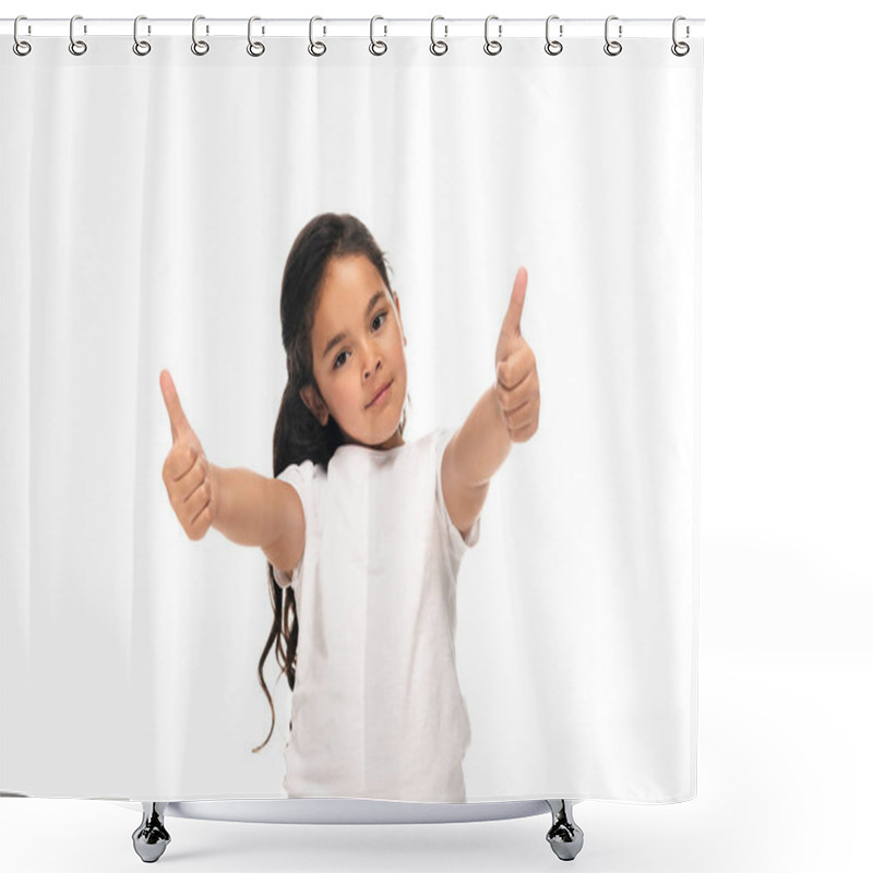 Personality  Happy Latin Child Showing Thumbs Up Isolated On White  Shower Curtains