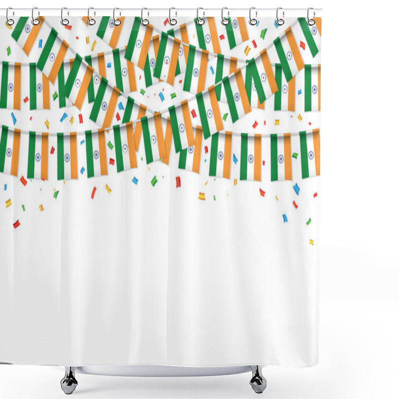 Personality  India Flags Garland White Background With Confetti, Hang Bunting For Indian Independence Day Celebration Template Banner,  Vector Illustration Shower Curtains