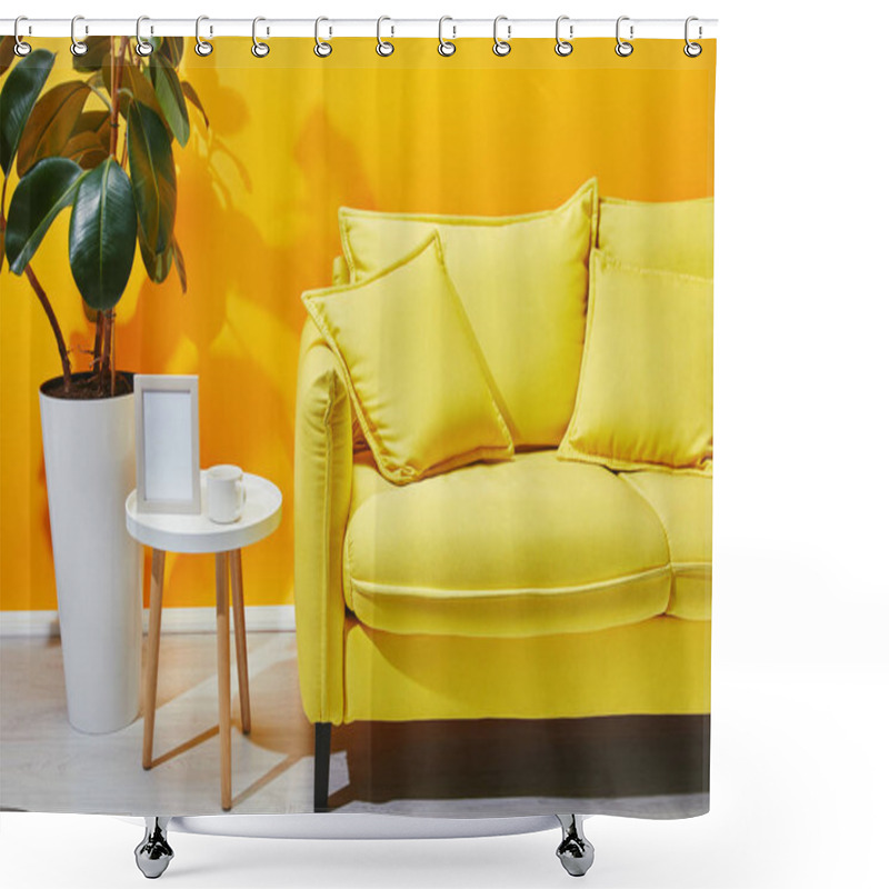 Personality  Sofa, Ficus And Little Table With Photo Frame And Cup Of Coffee Near Yellow Wall Shower Curtains