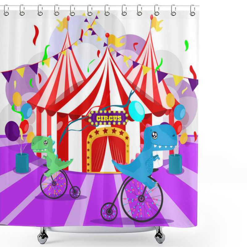 Personality  Two Cute Dinosaurs Stand In Front Of A Stall. Vector Illustration. Shower Curtains