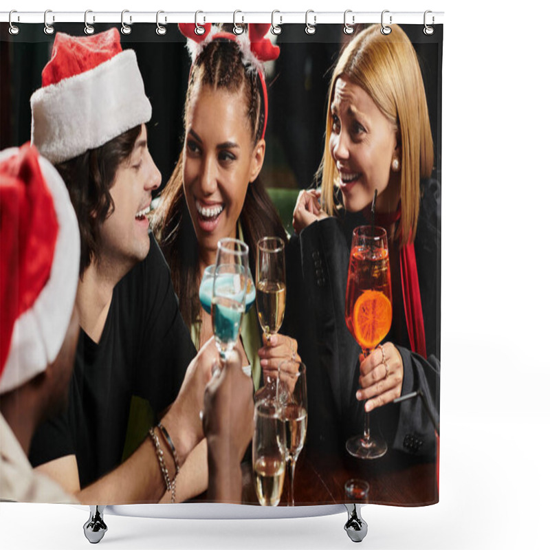 Personality  Colleagues Joyfully Raise Their Drinks, Celebrating Camaraderie At A Festive Corporate Gathering. Shower Curtains