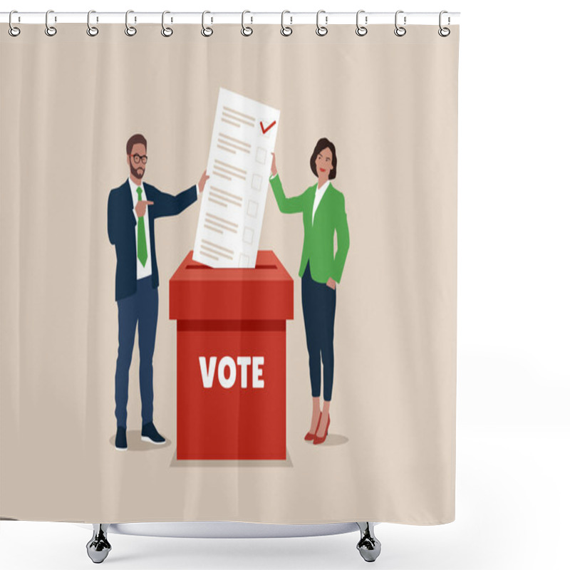 Personality  Man And Woman Putting Paper Ballots To Election Box. Voters Casting Ballots At The Polling Place. Vector Flat Illustration. Shower Curtains