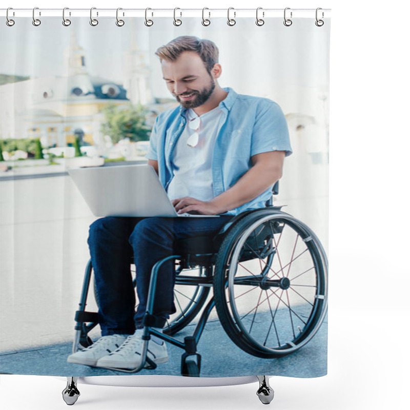 Personality  Handsome Man In Wheelchair Using Laptop On Street Shower Curtains