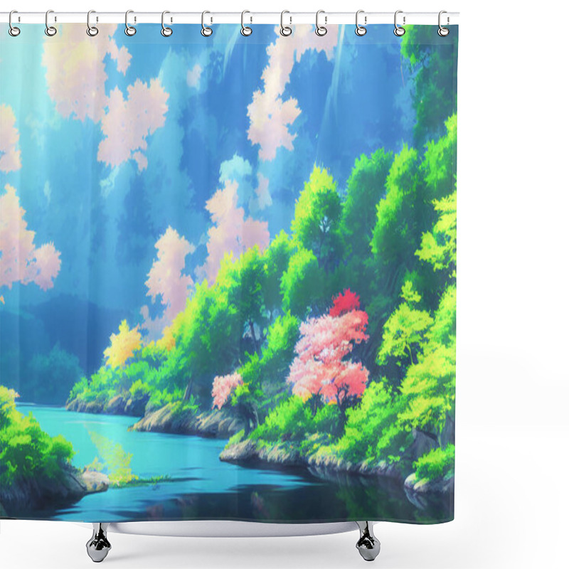 Personality  Japan Anime Scenery Wallpapers Featuring Beautiful Pink Cherry Trees And Mount Fuji In The Background. 3D Render Digital Artwork Painting Shower Curtains