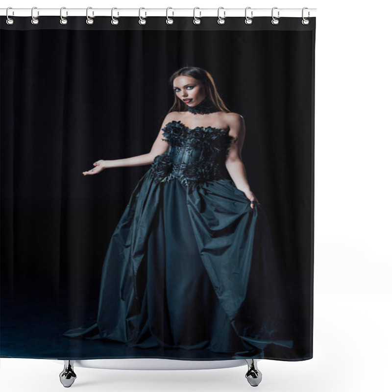 Personality  Scary Vampire Girl In Black Gothic Dress Pointing With Hand On Black Background Shower Curtains