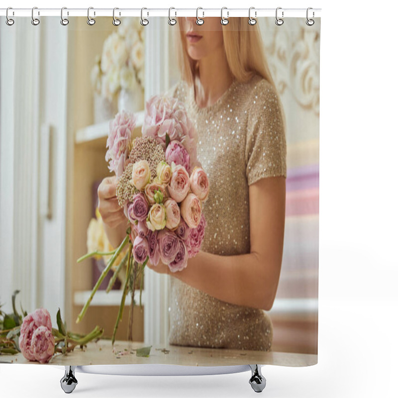 Personality  Selective Focus Of Florist Making Bouquet Of Roses And Peonies At Workspace Shower Curtains