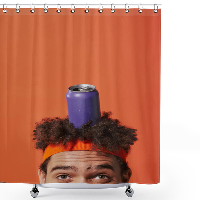 Personality  Purple Soda Can On Head Of Curly African American Man With Headband On Orange Background Shower Curtains