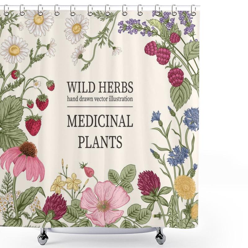 Personality  Wild Flowers. Herbal Tea. Vector Illustration. Shower Curtains