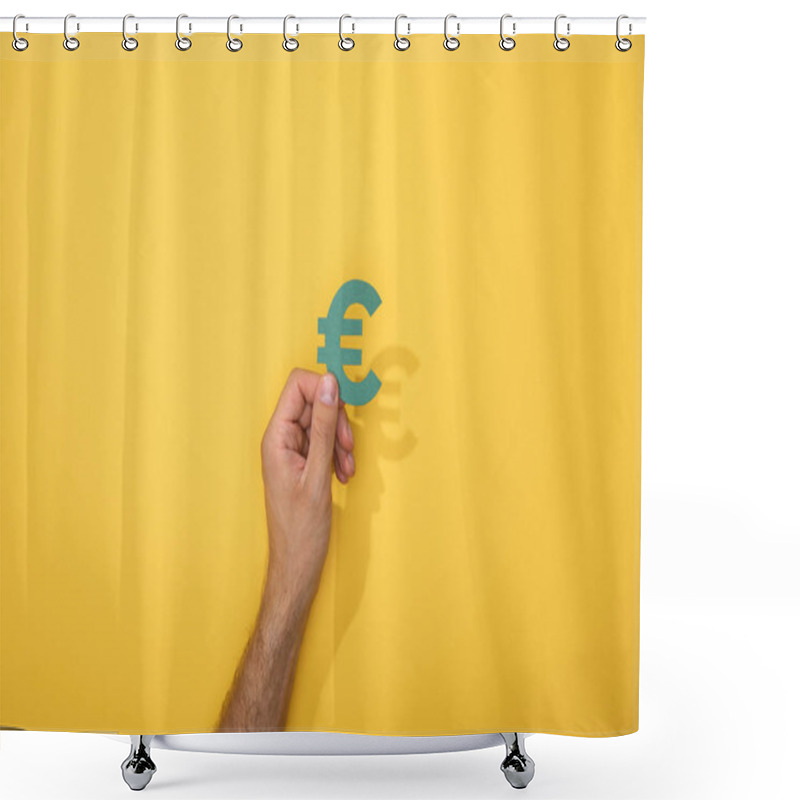 Personality  Cropped View Of Man Holding Green Euro Currency Sign On Yellow Shower Curtains