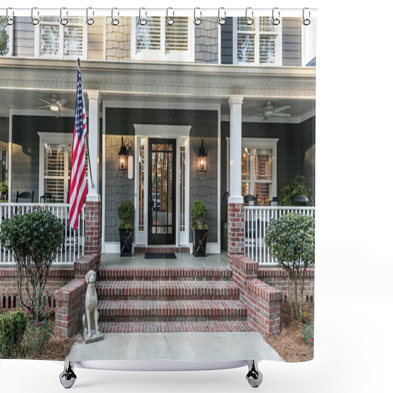 Personality  Front Door Entrance To A Large Two Story Blue Gray House With Wood And Vinyl Siding And A Large American Flag. Shower Curtains