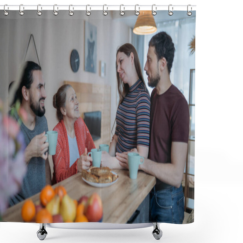 Personality  Children Congratulate Mom On The Holiday, Family Feast. Adult Brothers And Sister Have Fun Drinking Tea With An Elderly Beautiful Mother In The Kitchen. A Family Visiting Their Beloved Mother On A Holiday Shower Curtains