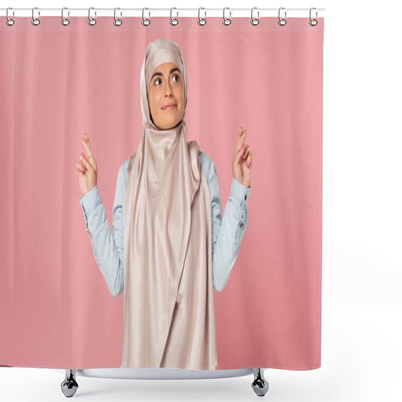 Personality  Happy Muslim Woman In Hijab With Fingers Crossed, Isolated On Pink  Shower Curtains