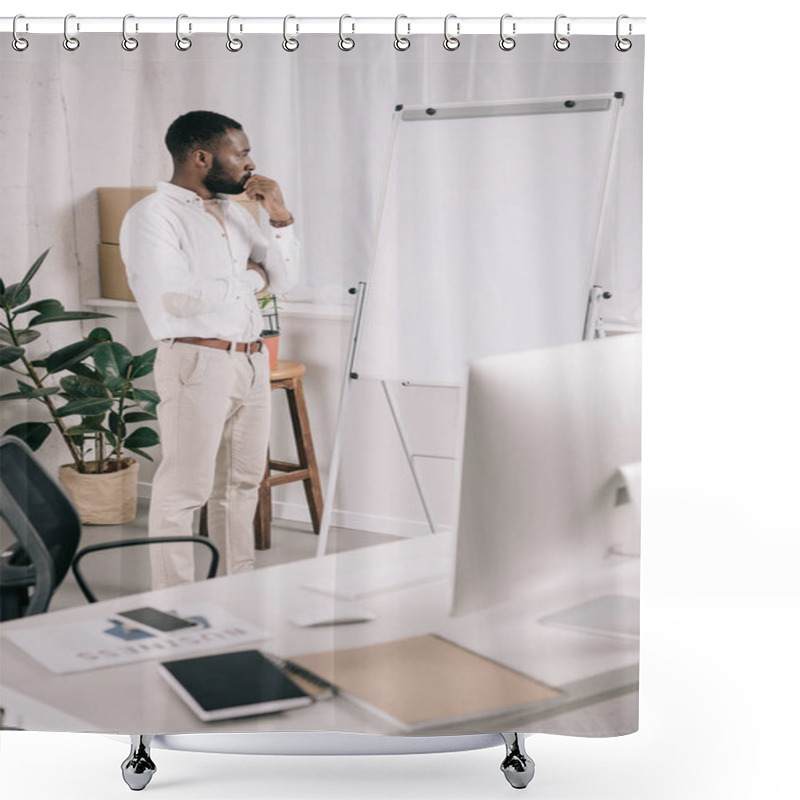 Personality  Handsome Pensive African American Businessman Looking At Flipchart In Office Shower Curtains