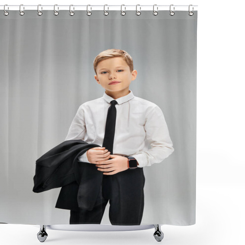 Personality  A Handsome Young Boy Is Dressed In A White Shirt And Black Tie, Exuding Elegance Against A Gray Backdrop. Shower Curtains