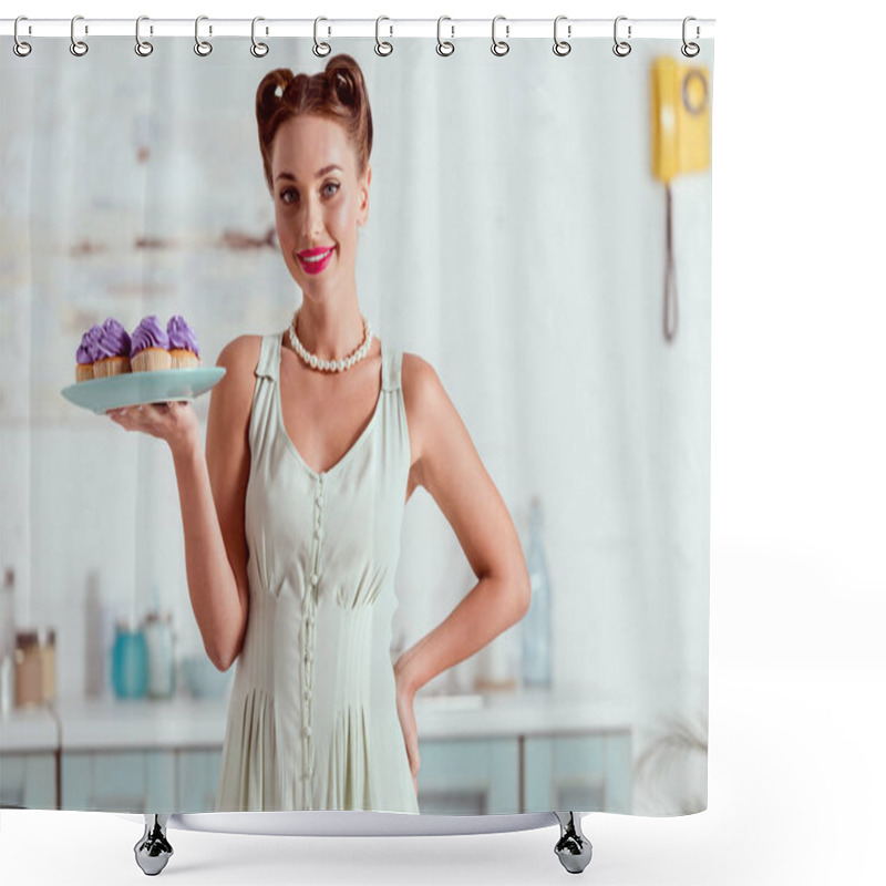 Personality  Beautiful Pin Up Girl Holding Plate Of Cupcakes And Holding Hand On Hip Shower Curtains