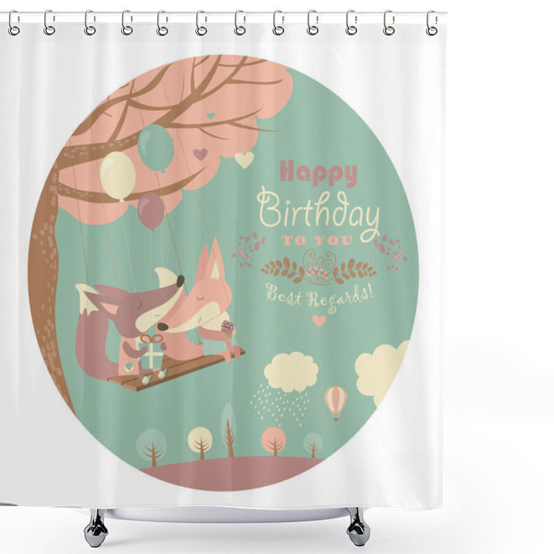 Personality  Happy Birthday Card With Cute Foxes Shower Curtains