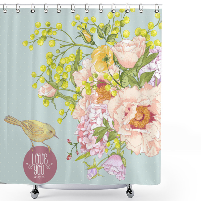 Personality  Spring Floral Bouquet With Birds, Greeting Card Shower Curtains