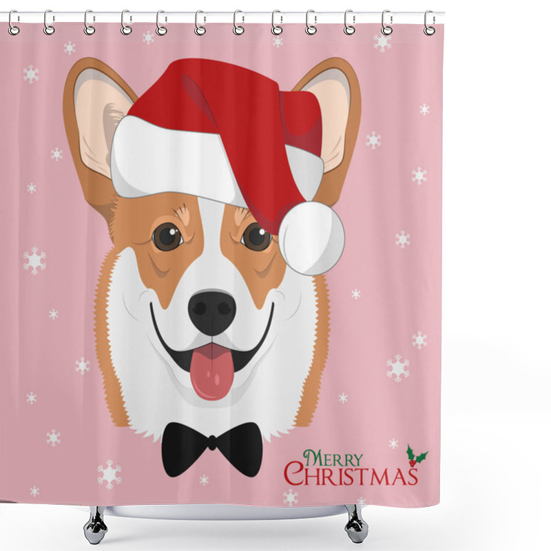 Personality  Christmas Greeting Card. Pembroke Welsh Corgi Dog With Red Santa's Hat And Bow Tie Shower Curtains