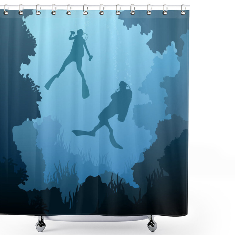 Personality  Square Illustration Of Divers Under Water. Shower Curtains