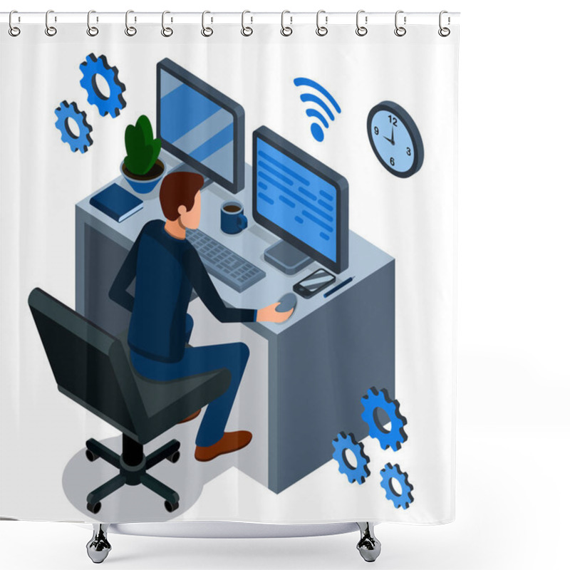 Personality  Isometric Programming Concept. Programmer Is Working At His Work Place, Over Him Are Abstract Icons Of Internet Technologies. Shower Curtains