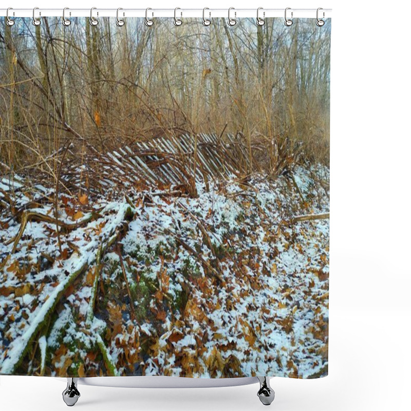 Personality  A Destroyed Old Wooden Fence In The Forest Lies On The Ground Between Trees And Dense Thickets Of Bushes. Winter Forest Landscape. Shower Curtains