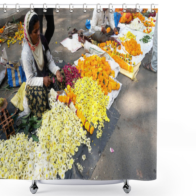 Personality  INDIA - 15TH OCTOBER 2021: Indian Flower Vendors Offer Their Items On Street Flower Market At Daytime Shower Curtains