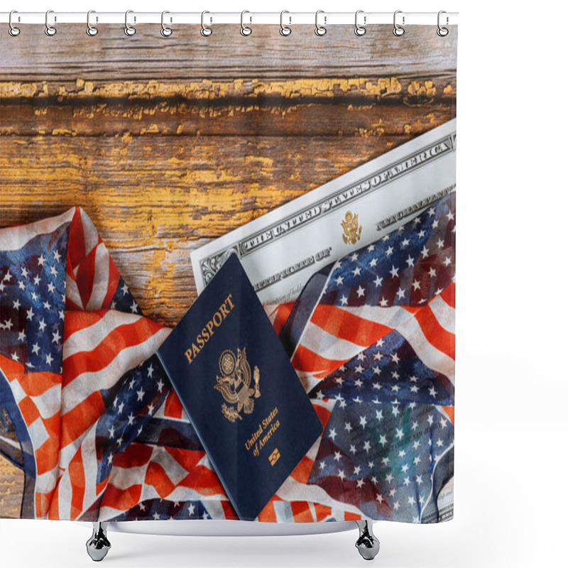 Personality  USA Passport And Naturalization Certificate Of Citizenship US Flag Over Wooden Background Shower Curtains