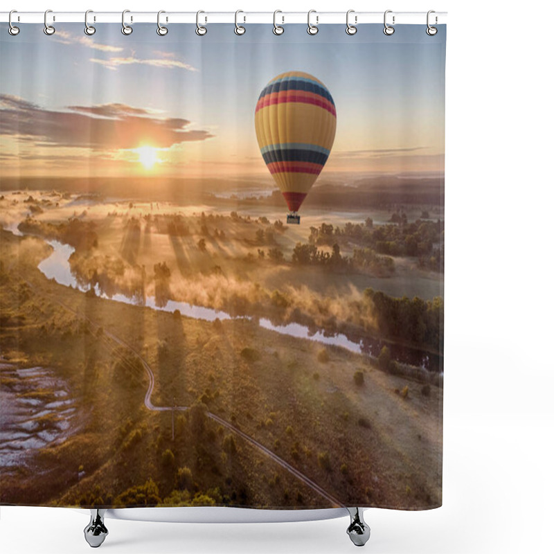 Personality  Hot Air Balloon Over River On Sunset Shower Curtains