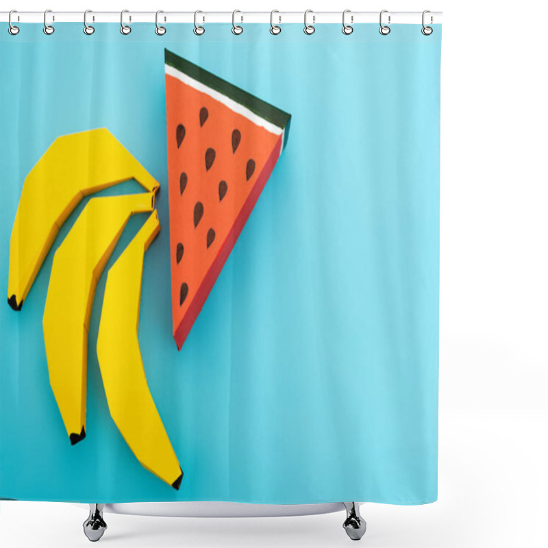 Personality  Top View Of Paper Watermelon And Bananas On Blue Background Shower Curtains