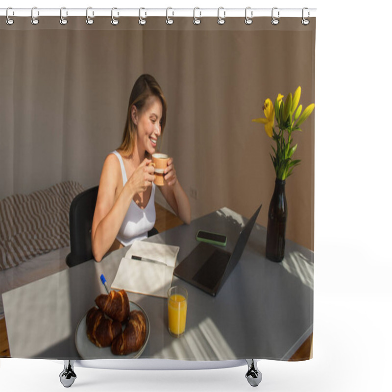 Personality  Smiling Freelancer Holding Cup Near Breakfast And Devices At Home  Shower Curtains