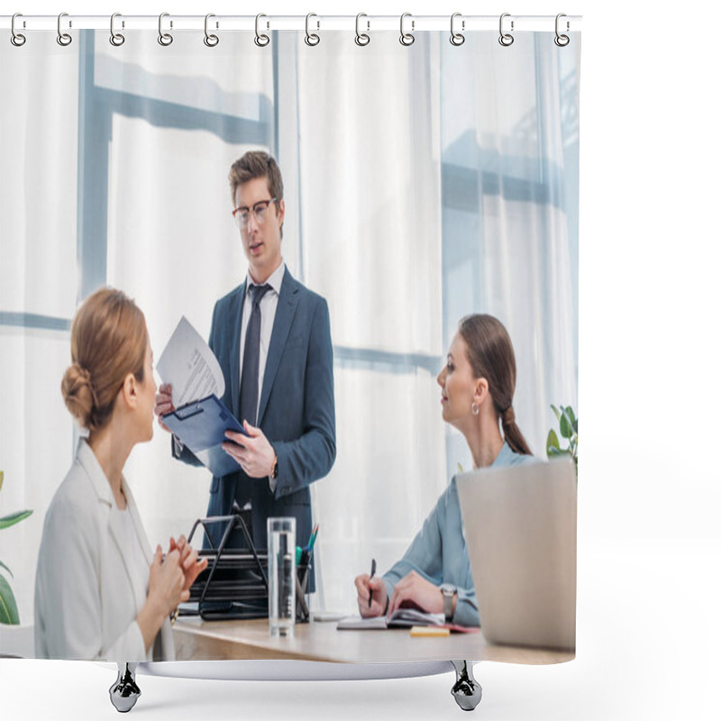 Personality  Handsome Recruiter Holding Clipboard And Looking At Woman In Job Interview  Shower Curtains