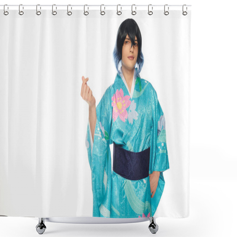 Personality  Young Man In Extravagant Wig And Kimono Showing Mini Heart Gesture With Fingers On White, Cosplayer Shower Curtains