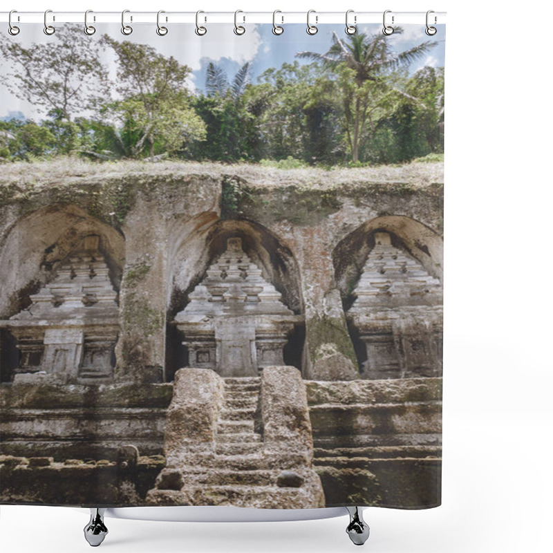 Personality  Scenic View Of Ancient Temple Complex And Royal Tombs Architecture And Green Plants Around, Bali, Indonesia Shower Curtains