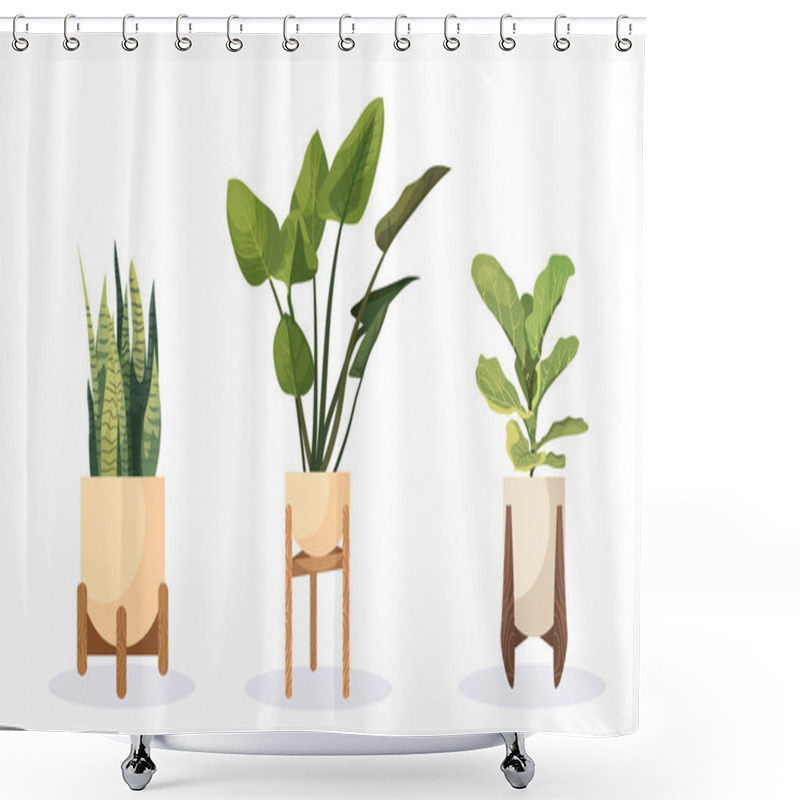 Personality  Home Plants In Flower Pots On A White Background. Shower Curtains