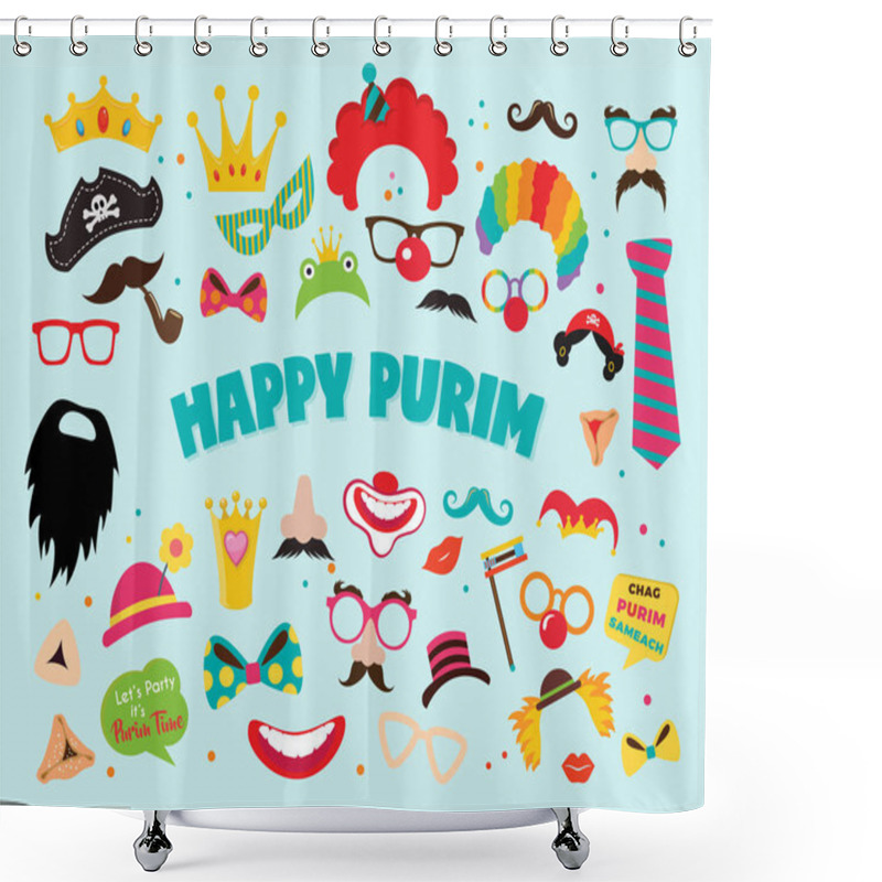 Personality  Design For Jewish Holiday Purim With Masks And Traditional Props. Vector Illustration - Vector -Happy Purim Greeting In Hebrew Shower Curtains