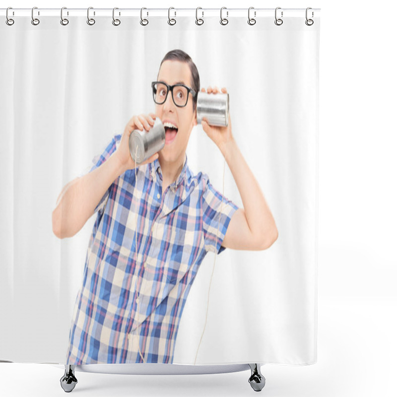 Personality  Man With Tin Can Phone Shower Curtains