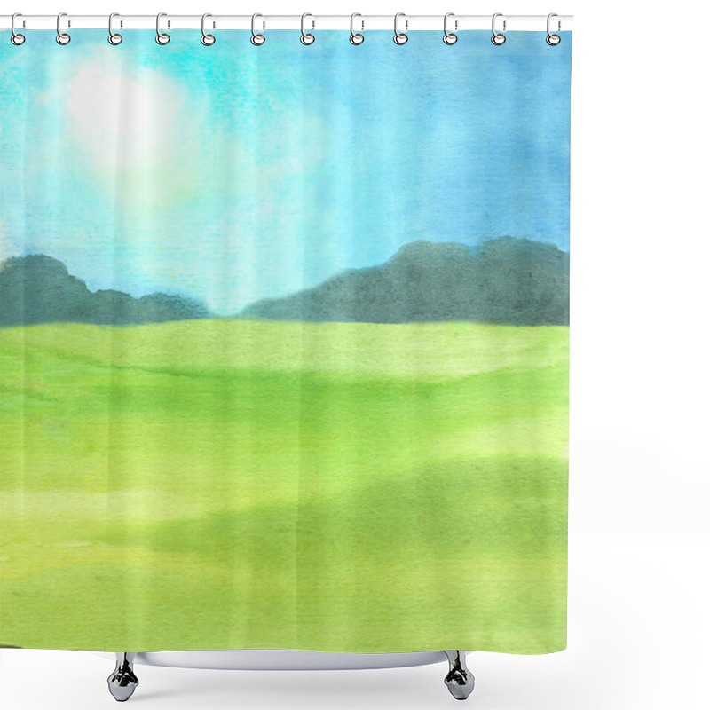 Personality  Watercolor Abstract Illustration Of Natural Summer Background With Green Grass Field, Blue Sky With Shining Sun Shower Curtains