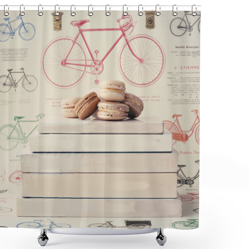 Personality  Macaroons On Stack Of Books Shower Curtains