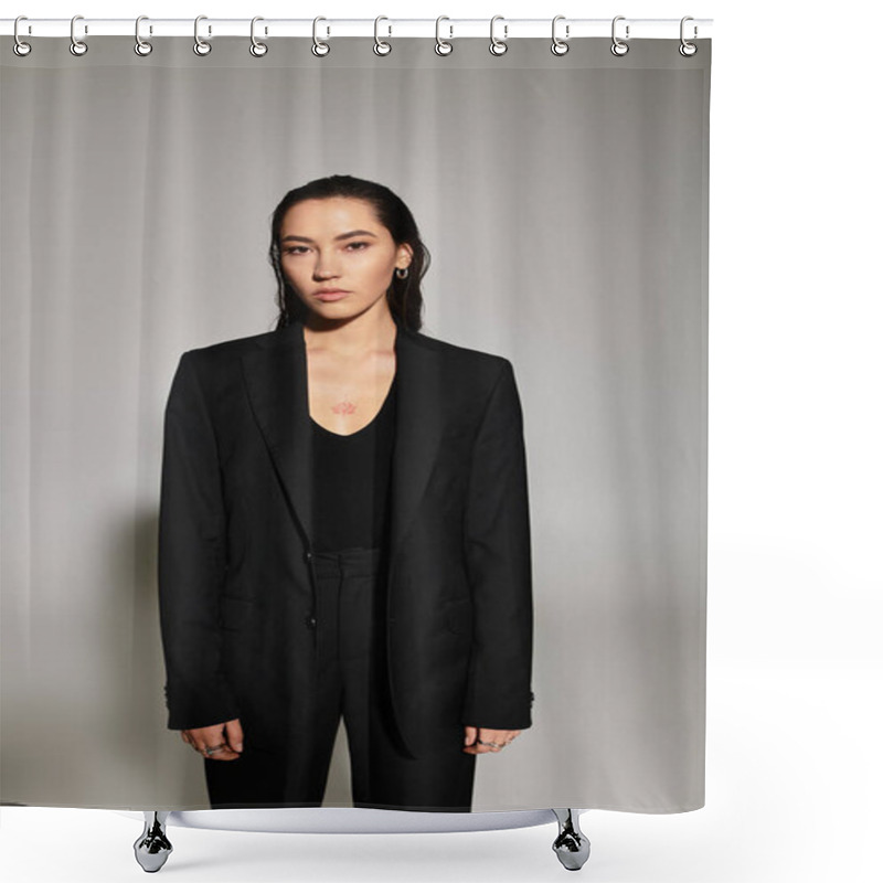 Personality  A Stylish Young Woman Confidently Wears A Sleek Black Outfit, Showcasing Her Fashion Sense. Shower Curtains