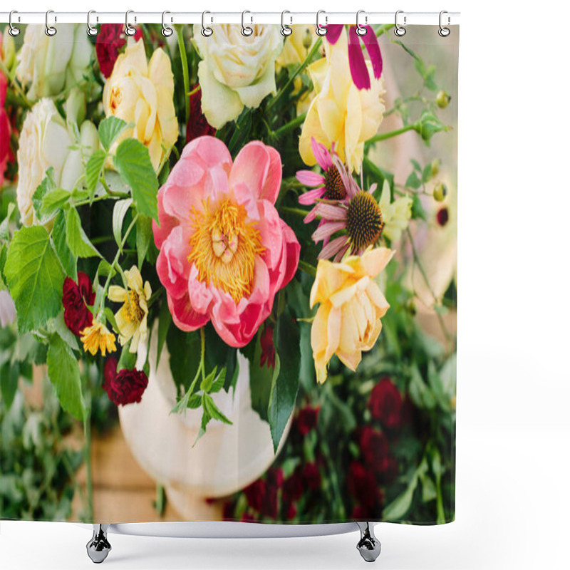 Personality  Floral Design, Decoration, Applied Art, Wedding, Spring Concept - Flower Bouquet Arranged Of Blooming English Roses And Avalanches, Coral Peonies And Diathuses, Decorated With Raspberry Leaves Shower Curtains