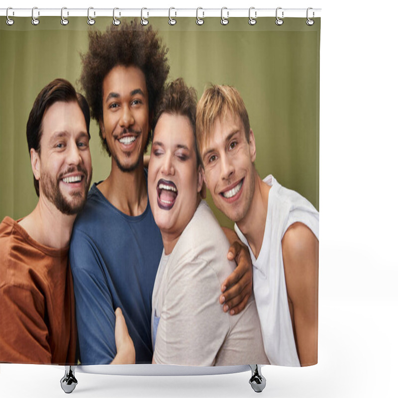 Personality  Friends Express Their Pride And Joy, Embracing One Another In A Lively Atmosphere. Shower Curtains