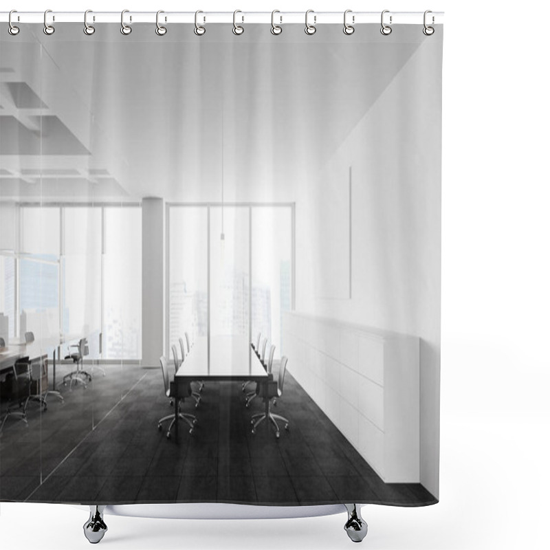 Personality  Interior Of Minimalistic Meeting Room In Open Space Office With White Walls, Carpeted Floor, Long Conference Table With Gray Chairs And Blurry Cityscape. 3d Rendering Shower Curtains