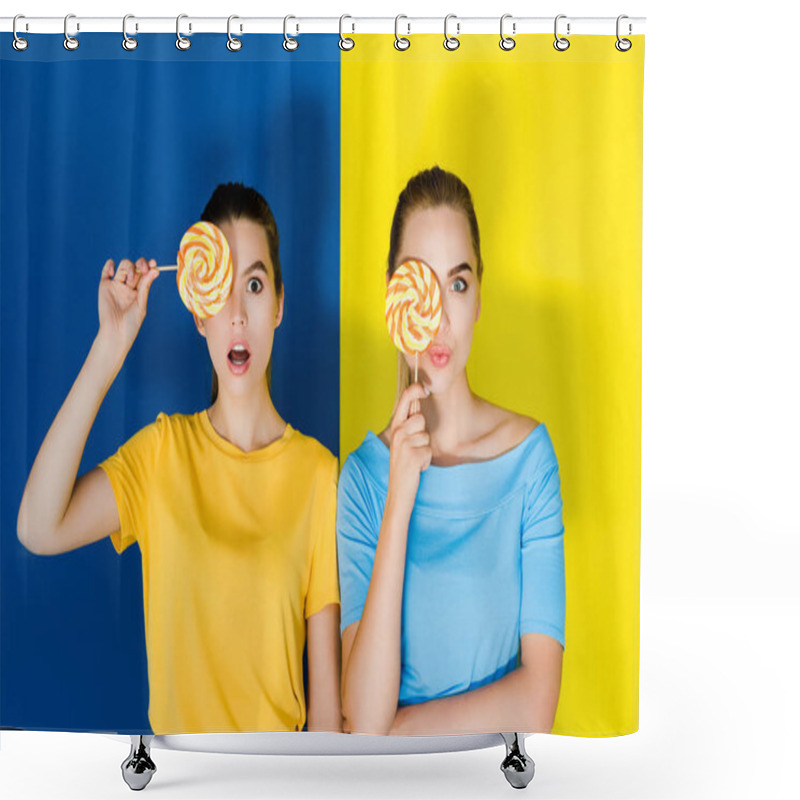 Personality  Female Fashion Models Holding Lollipops On Blue And Yellow Background Shower Curtains