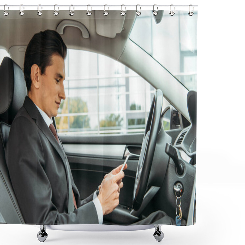 Personality  Side View Of Businessman Using Smartphone In Drone Car Shower Curtains