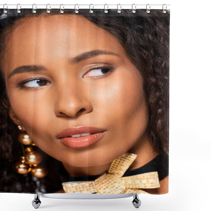 Personality  Warm Light Illuminates A Stunning Woman With Curls, Exquisite Jewelry, And A Captivating Look. Shower Curtains