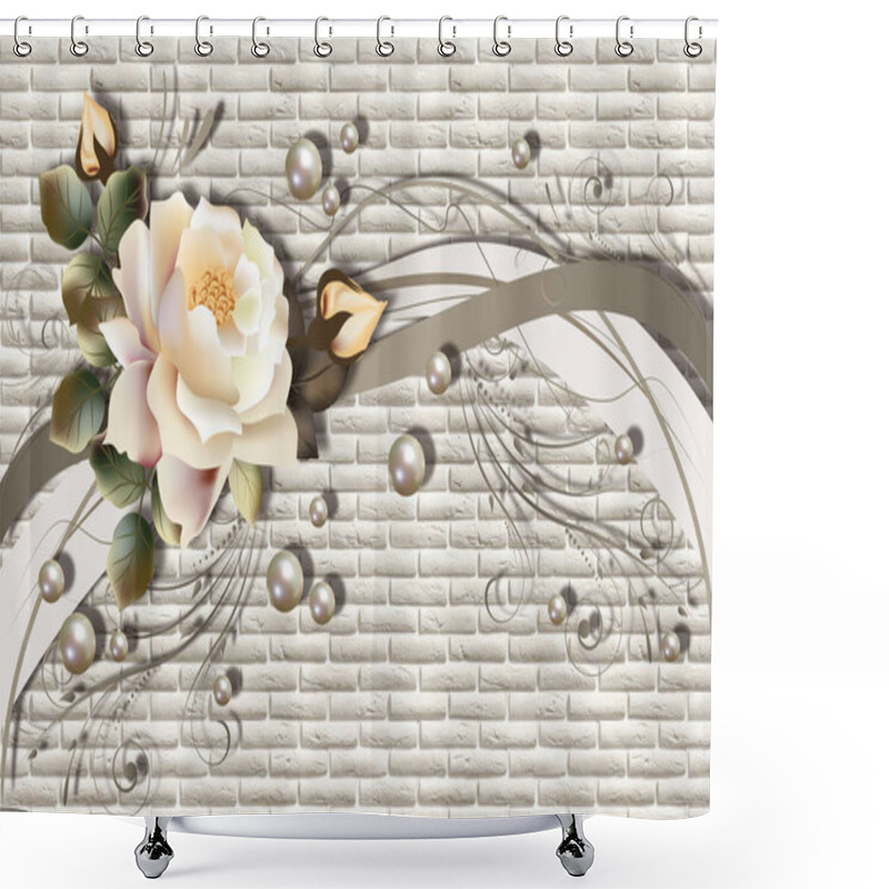 Personality  3d Wallpaper, Roses And Pearls On Brickwork Background. Flower Theme - This Is A Trend In Interior Design. Celebration 3d Background. Shower Curtains