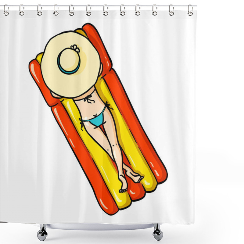 Personality  Cartoon Girl With Hat And Swimsuit Relaxing On Air Mattress. Vector Isolated Hand Drawn Character Top View Shower Curtains